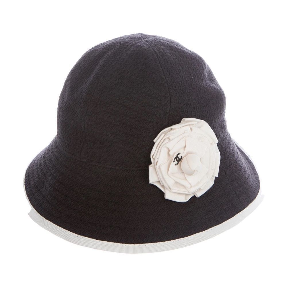CHANEL Vintage Rare Tweed Camellia Black Textured Hat
